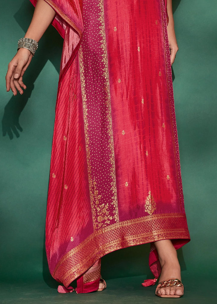 Amaranth Pink Printed Bandhani Viscose Silk Kaftan Set with Handcrafted Details - House of Sarvati LLC