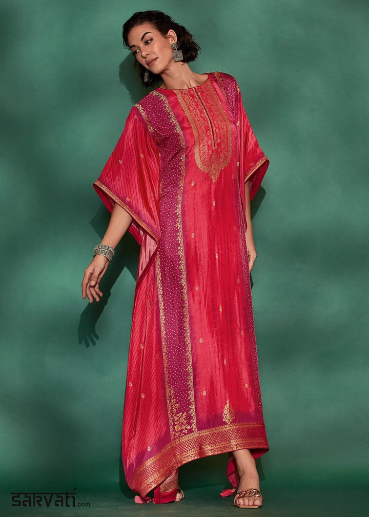Amaranth Pink Printed Bandhani Viscose Silk Kaftan Set with Handcrafted Details - House of Sarvati LLC