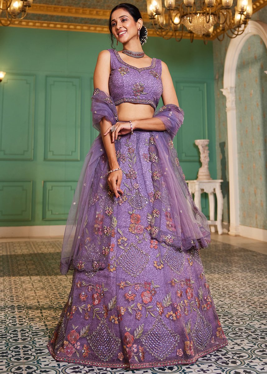 Amethyst Purple Net Lehenga Choli with Coding & Zarkan Work - House of Sarvati LLC