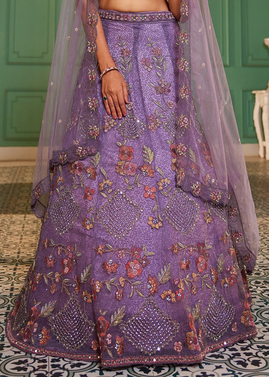 Amethyst Purple Net Lehenga Choli with Coding & Zarkan Work - House of Sarvati LLC