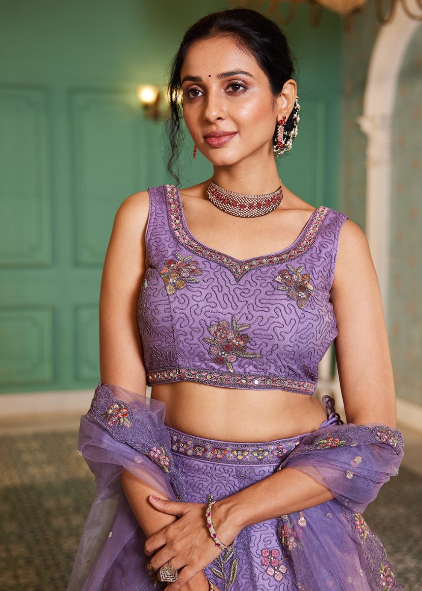 Amethyst Purple Net Lehenga Choli with Coding & Zarkan Work - House of Sarvati LLC