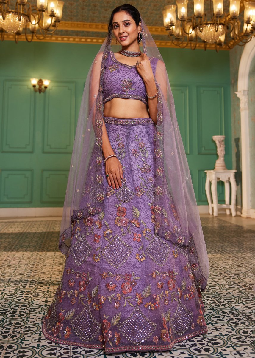 Amethyst Purple Net Lehenga Choli with Coding & Zarkan Work - House of Sarvati LLC