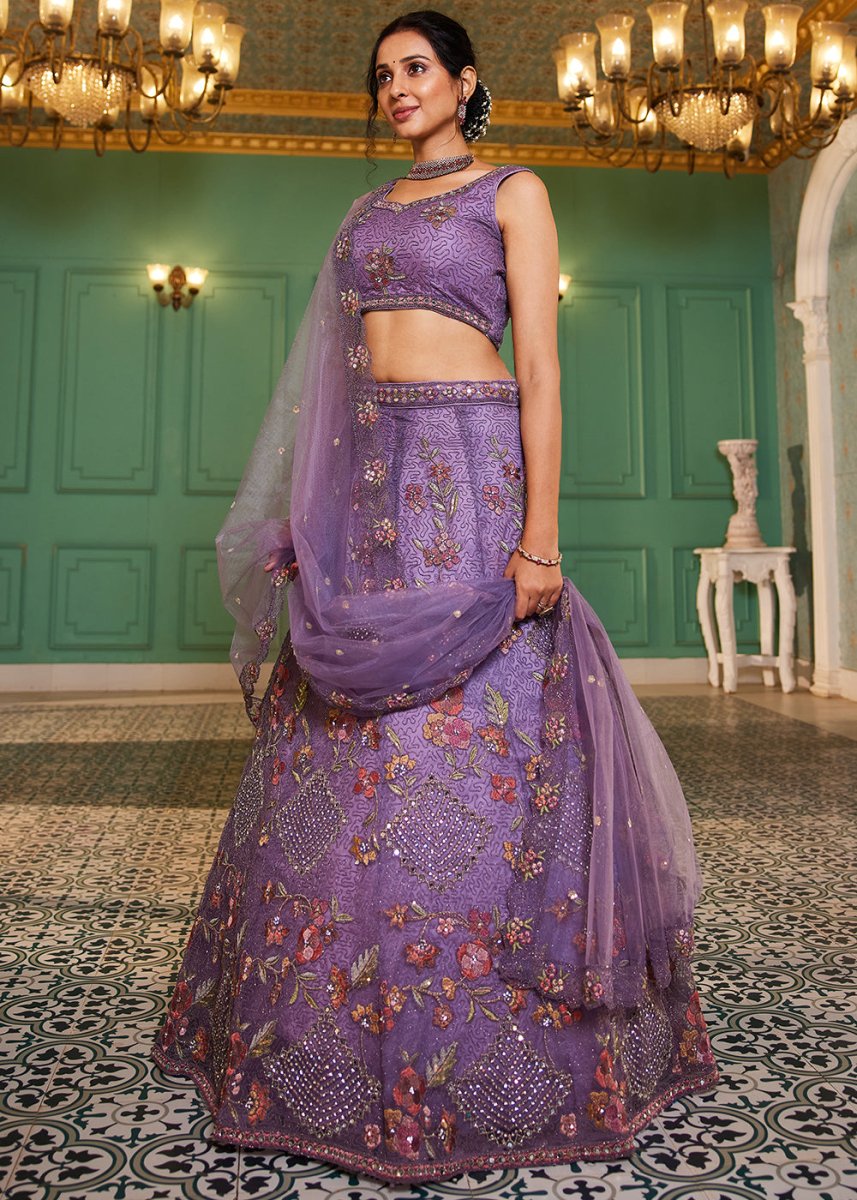 Amethyst Purple Net Lehenga Choli with Coding & Zarkan Work - House of Sarvati LLC