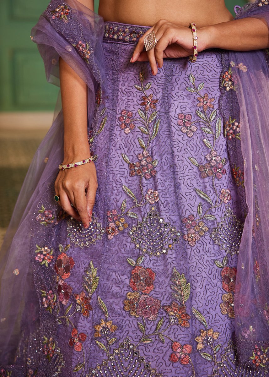 Amethyst Purple Net Lehenga Choli with Coding & Zarkan Work - House of Sarvati LLC