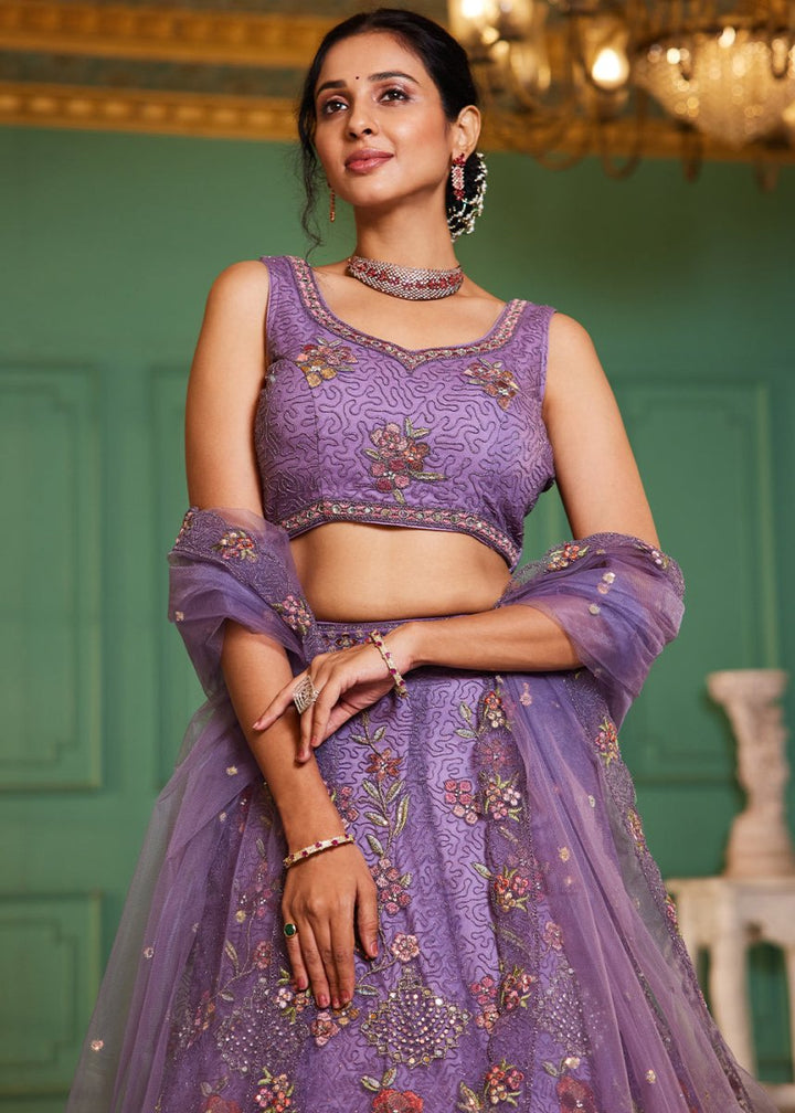 Amethyst Purple Net Lehenga Choli with Coding & Zarkan Work - House of Sarvati LLC