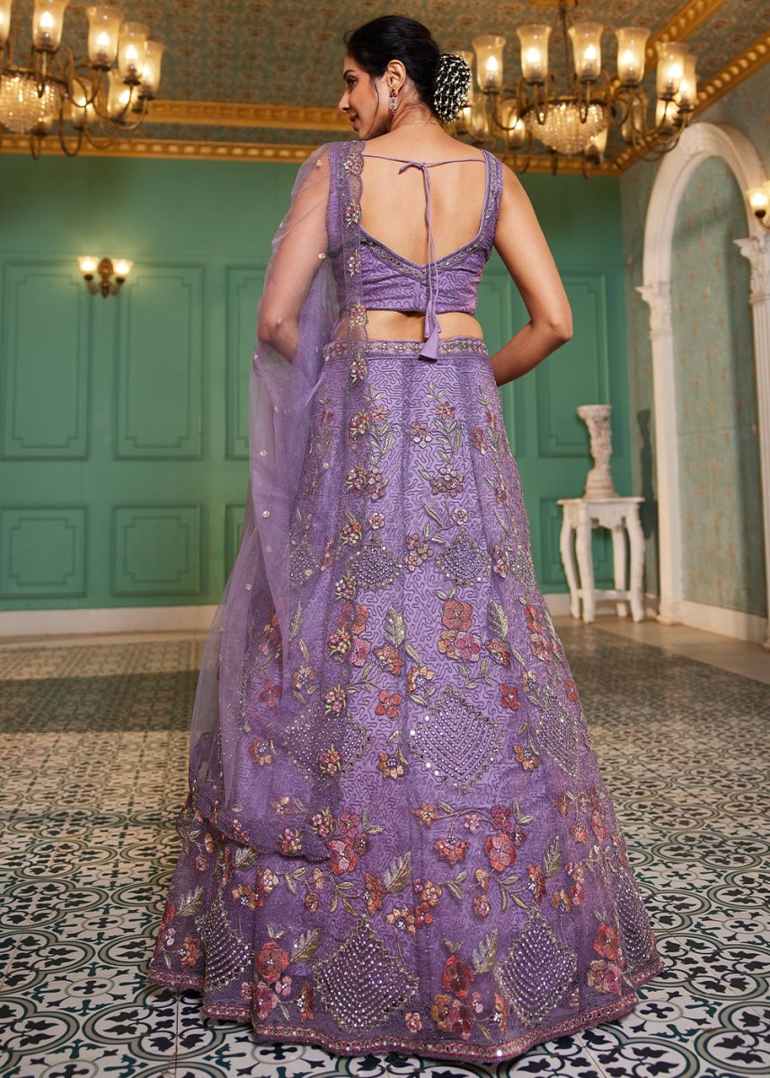 Amethyst Purple Net Lehenga Choli with Coding & Zarkan Work - House of Sarvati LLC