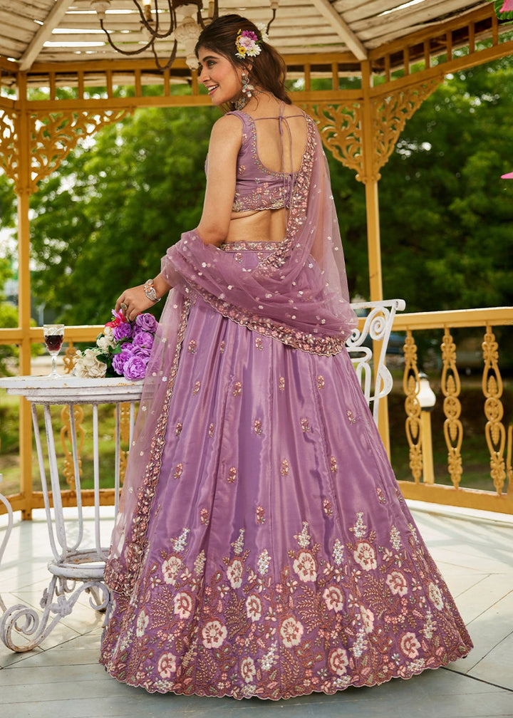 Amethyst Purple Satin Lehenga Choli with Elegant Floral Embroidery - House of Sarvati LLC