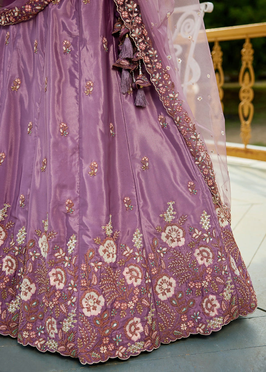 Amethyst Purple Satin Lehenga Choli with Elegant Floral Embroidery - House of Sarvati LLC