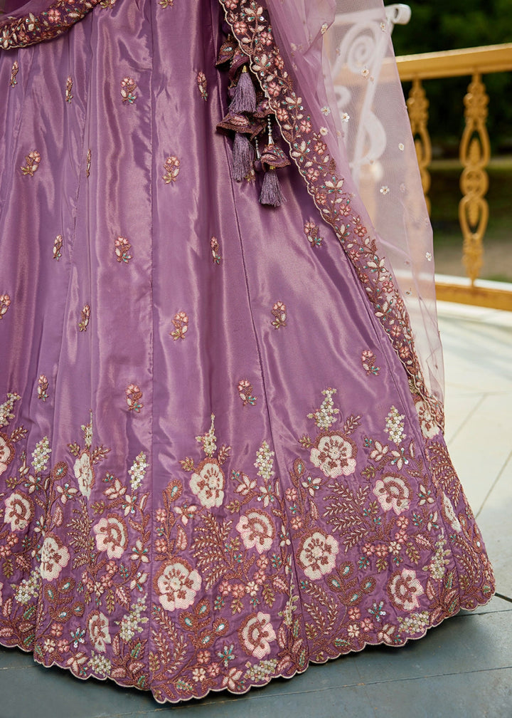 Amethyst Purple Satin Lehenga Choli with Elegant Floral Embroidery - House of Sarvati LLC