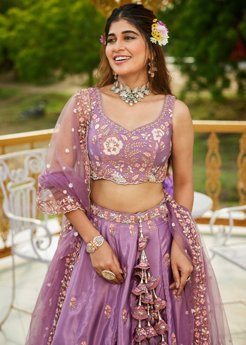 Amethyst Purple Satin Lehenga Choli with Elegant Floral Embroidery - House of Sarvati LLC