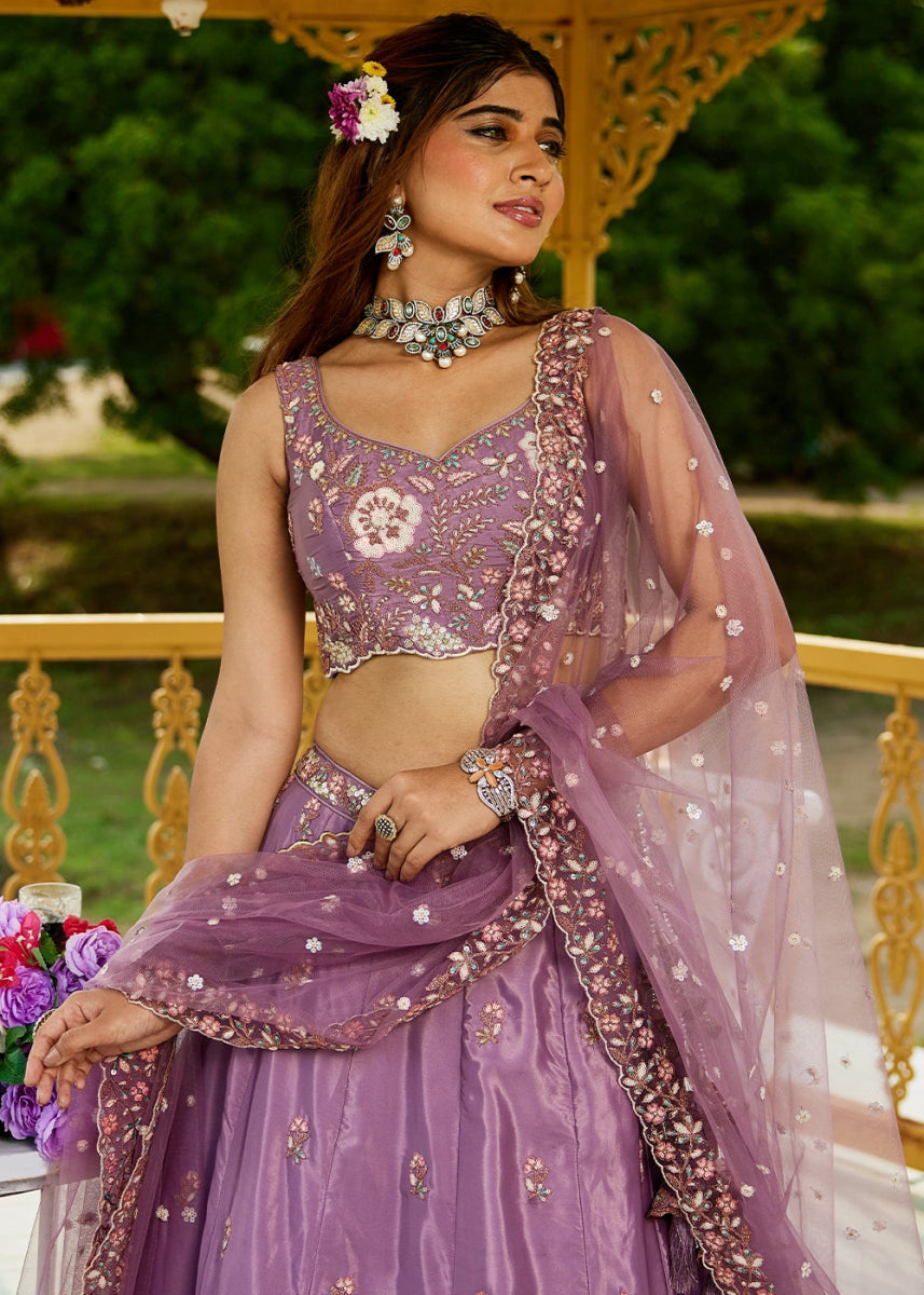Amethyst Purple Satin Lehenga Choli with Elegant Floral Embroidery - House of Sarvati LLC