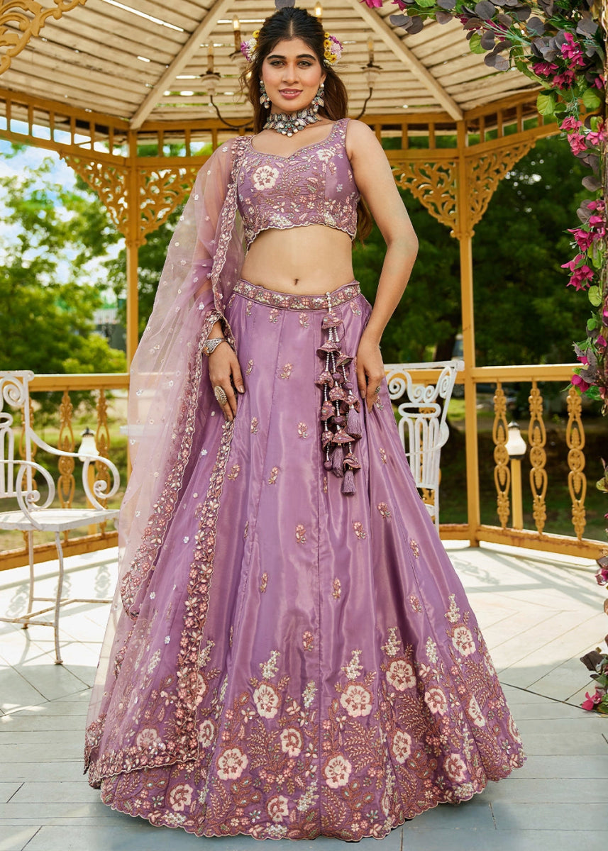 Amethyst Purple Satin Lehenga Choli with Elegant Floral Embroidery - House of Sarvati LLC