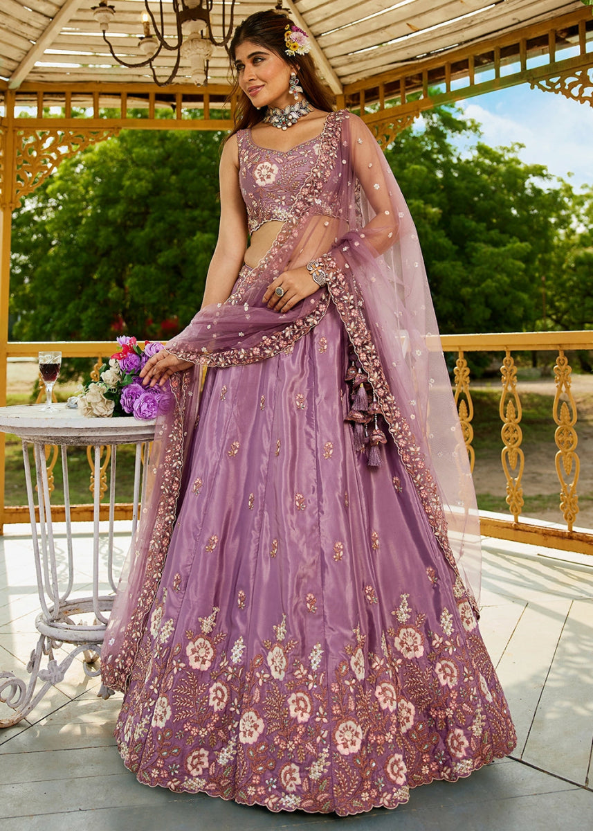 Amethyst Purple Satin Lehenga Choli with Elegant Floral Embroidery - House of Sarvati LLC