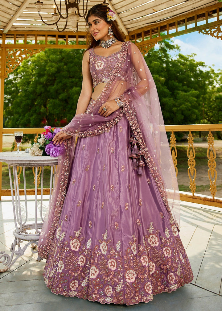 Amethyst Purple Satin Lehenga Choli with Elegant Floral Embroidery - House of Sarvati LLC