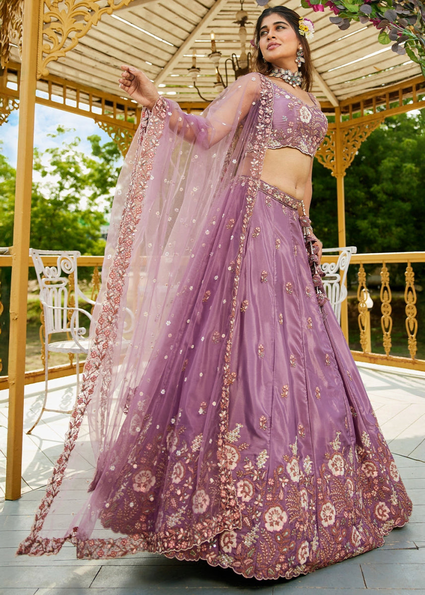 Amethyst Purple Satin Lehenga Choli with Elegant Floral Embroidery - House of Sarvati LLC