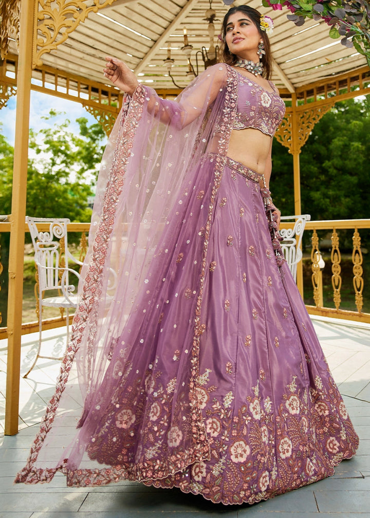 Amethyst Purple Satin Lehenga Choli with Elegant Floral Embroidery - House of Sarvati LLC