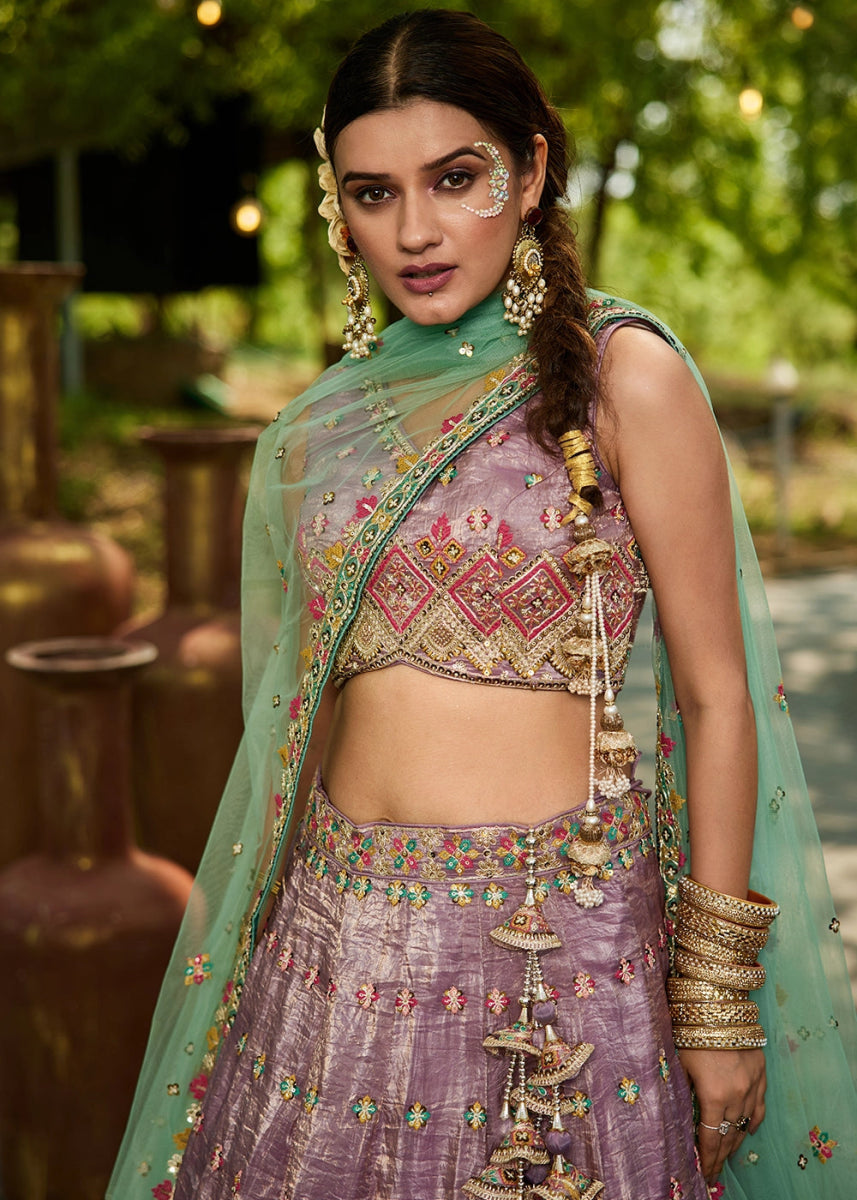 Amethyst Purple Tissue Lehenga Choli with Sequins and Floral Embroidery - House of Sarvati LLC