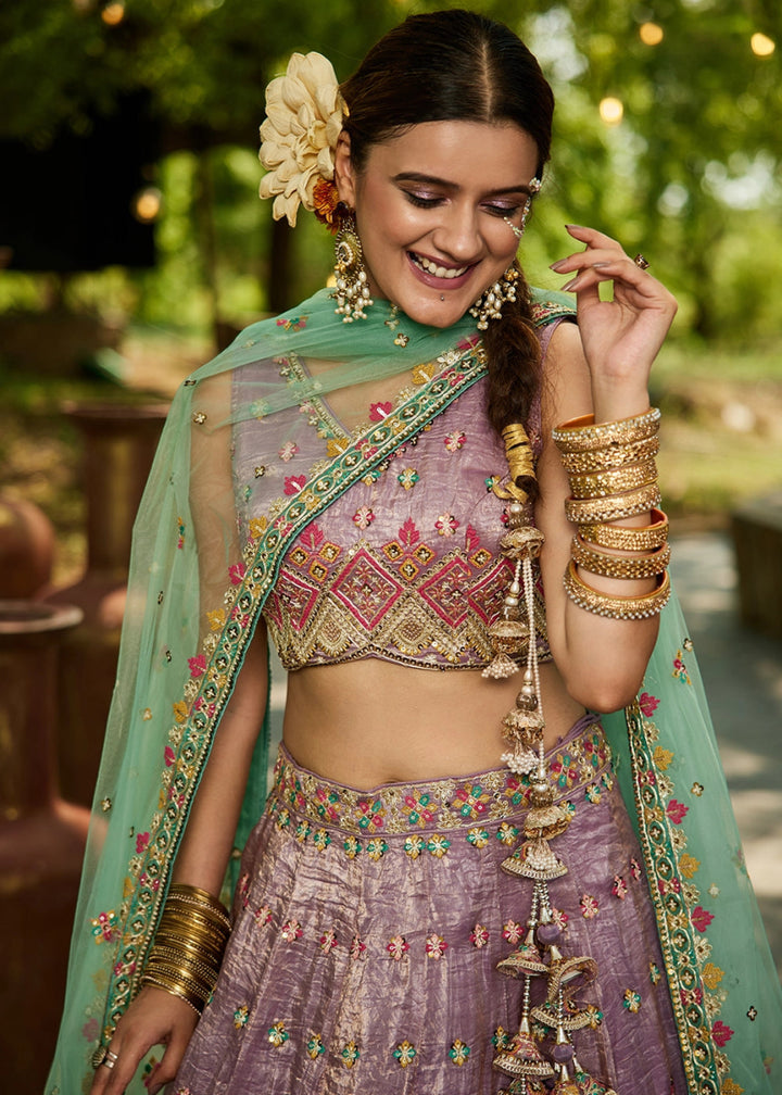 Amethyst Purple Tissue Lehenga Choli with Sequins and Floral Embroidery - House of Sarvati LLC