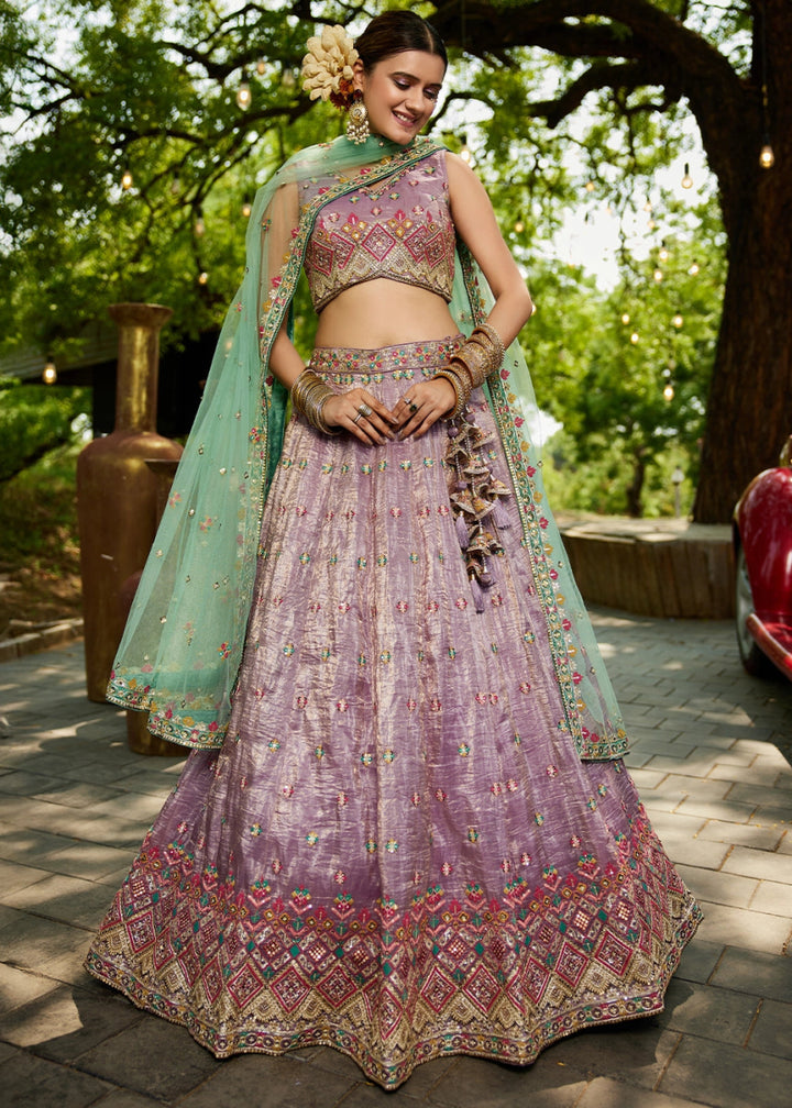 Amethyst Purple Tissue Lehenga Choli with Sequins and Floral Embroidery - House of Sarvati LLC