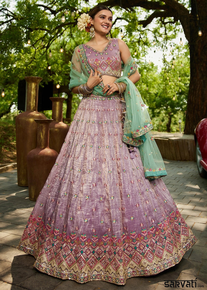 Amethyst Purple Tissue Lehenga Choli with Sequins and Floral Embroidery - House of Sarvati LLC