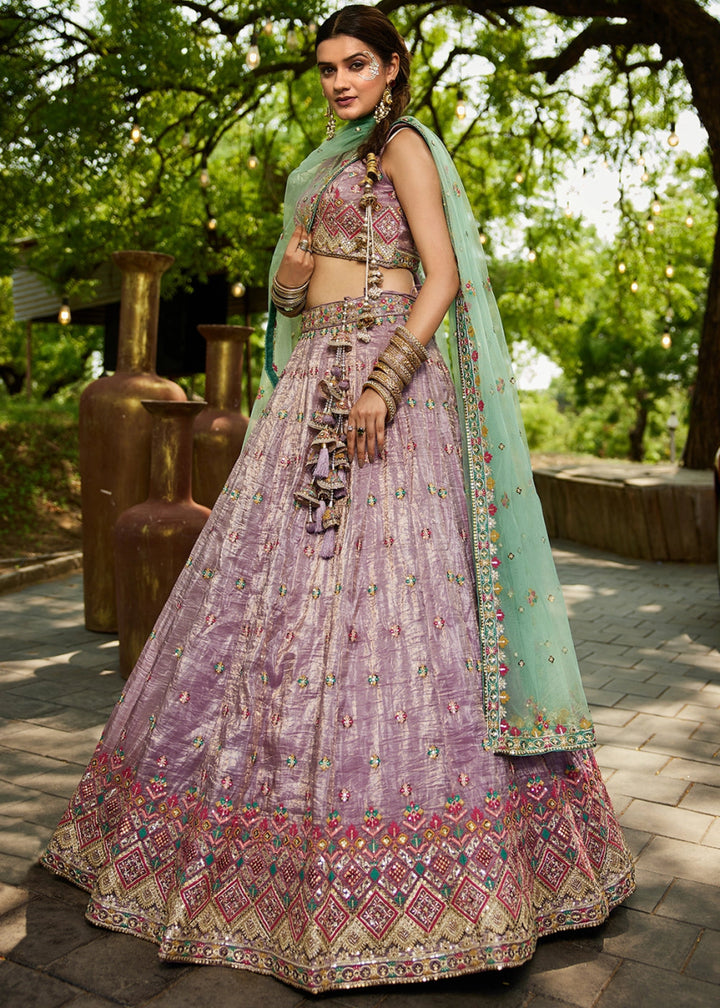 Amethyst Purple Tissue Lehenga Choli with Sequins and Floral Embroidery - House of Sarvati LLC