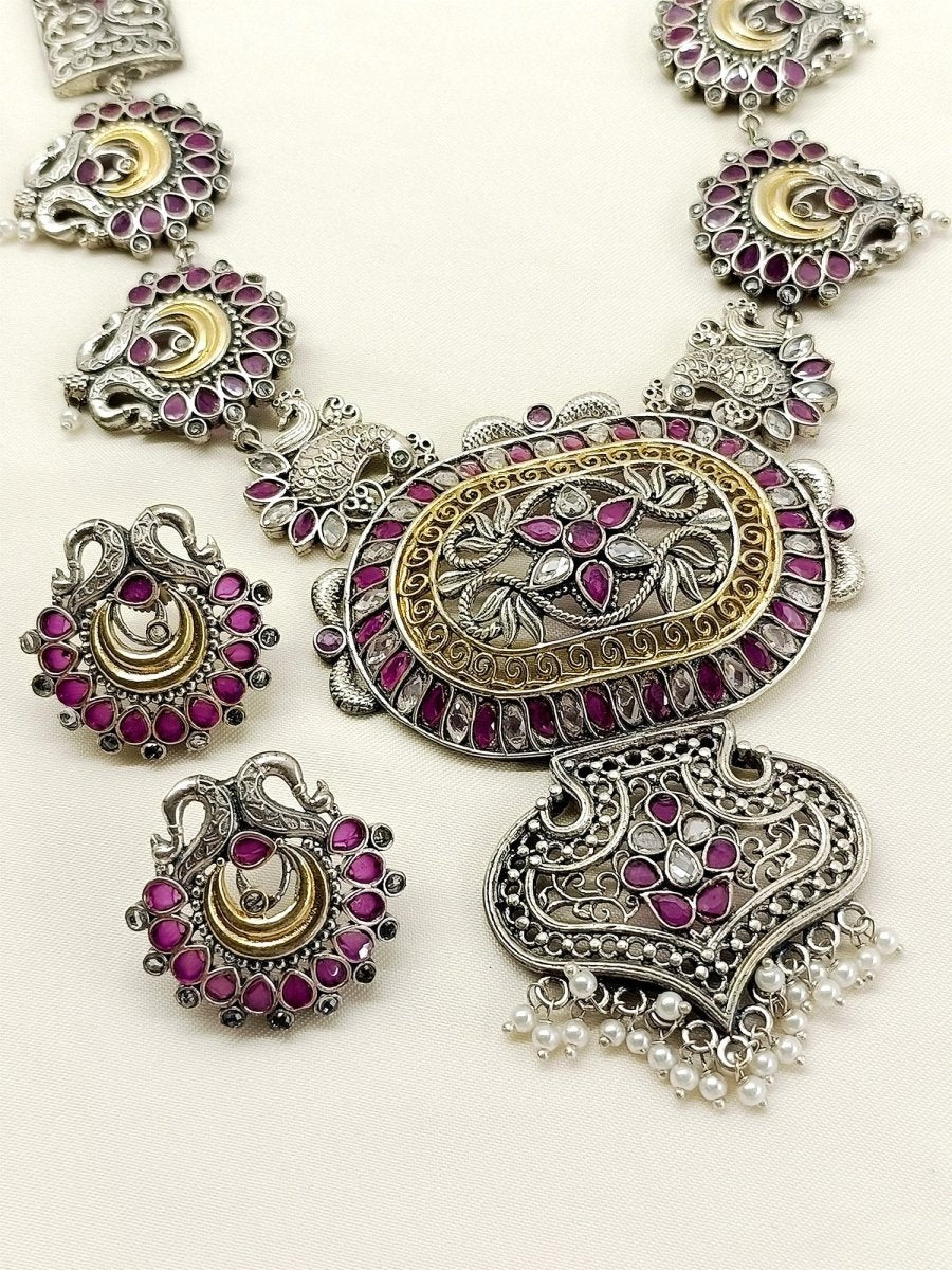Anshika Ruby Oxidized Necklace Set - House of Sarvati LLC