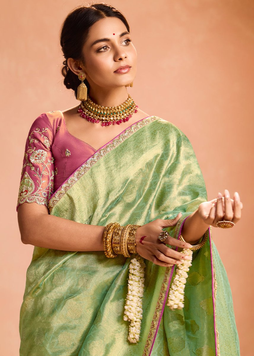 Apple Green Designer Tissue Silk Saree with Zari & Embroidered Blouse - House of Sarvati LLC