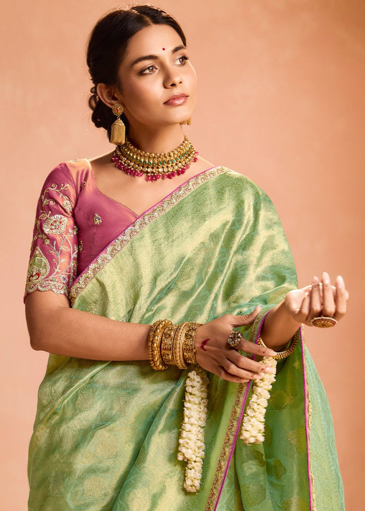 Apple Green Designer Tissue Silk Saree with Zari & Embroidered Blouse - House of Sarvati LLC
