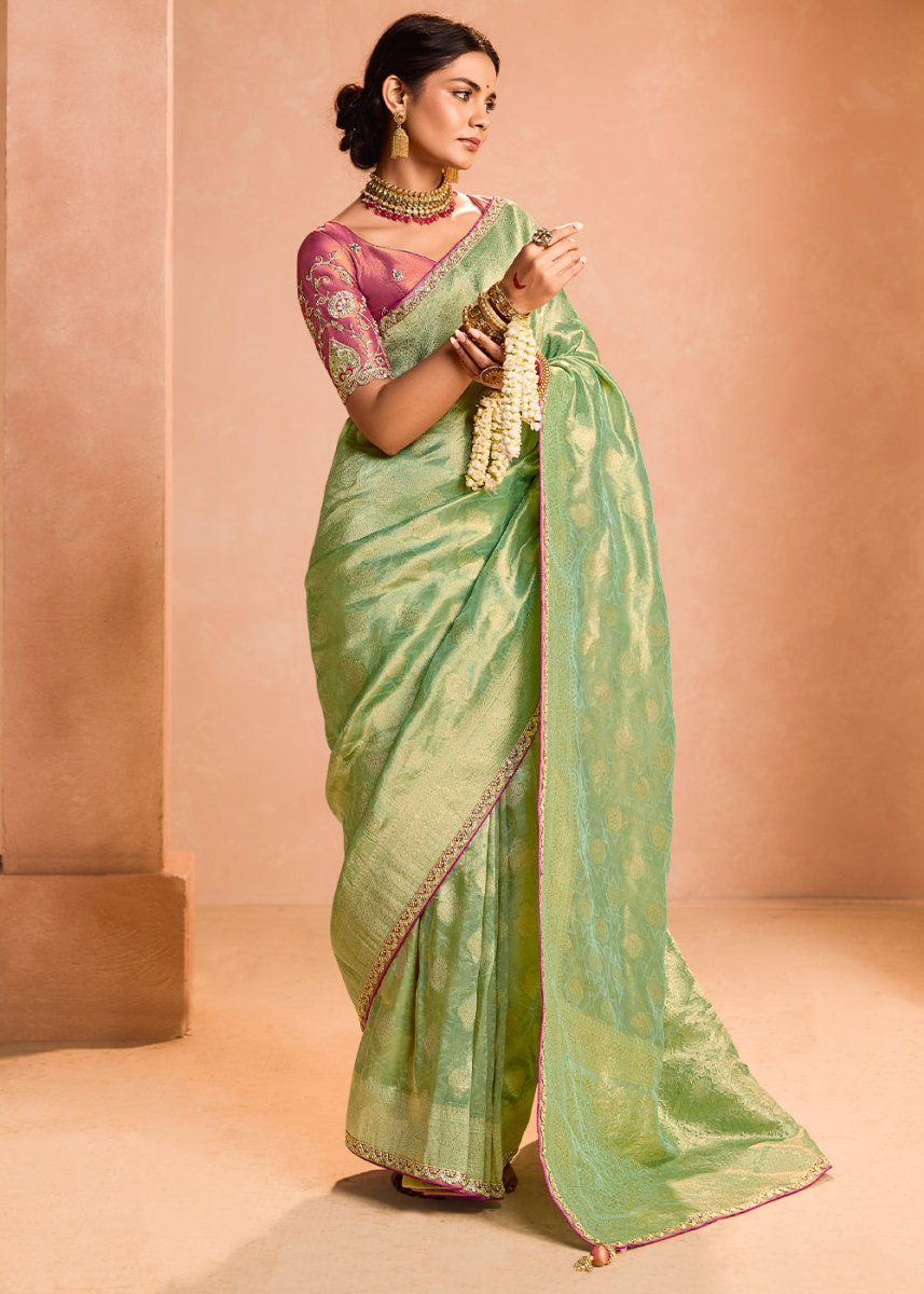 Apple Green Designer Tissue Silk Saree with Zari & Embroidered Blouse - House of Sarvati LLC