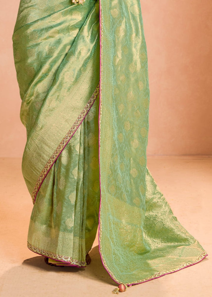 Apple Green Designer Tissue Silk Saree with Zari & Embroidered Blouse - House of Sarvati LLC