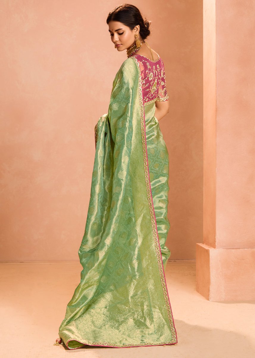 Apple Green Designer Tissue Silk Saree with Zari & Embroidered Blouse - House of Sarvati LLC