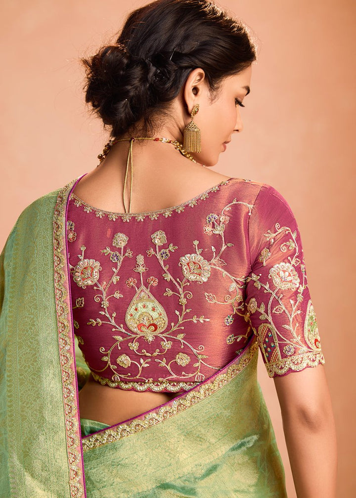 Apple Green Designer Tissue Silk Saree with Zari & Embroidered Blouse - House of Sarvati LLC
