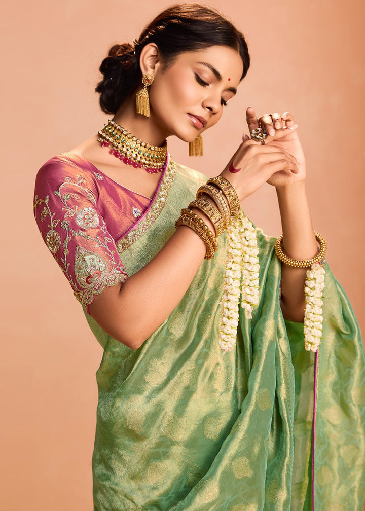 Apple Green Designer Tissue Silk Saree with Zari & Embroidered Blouse - House of Sarvati LLC