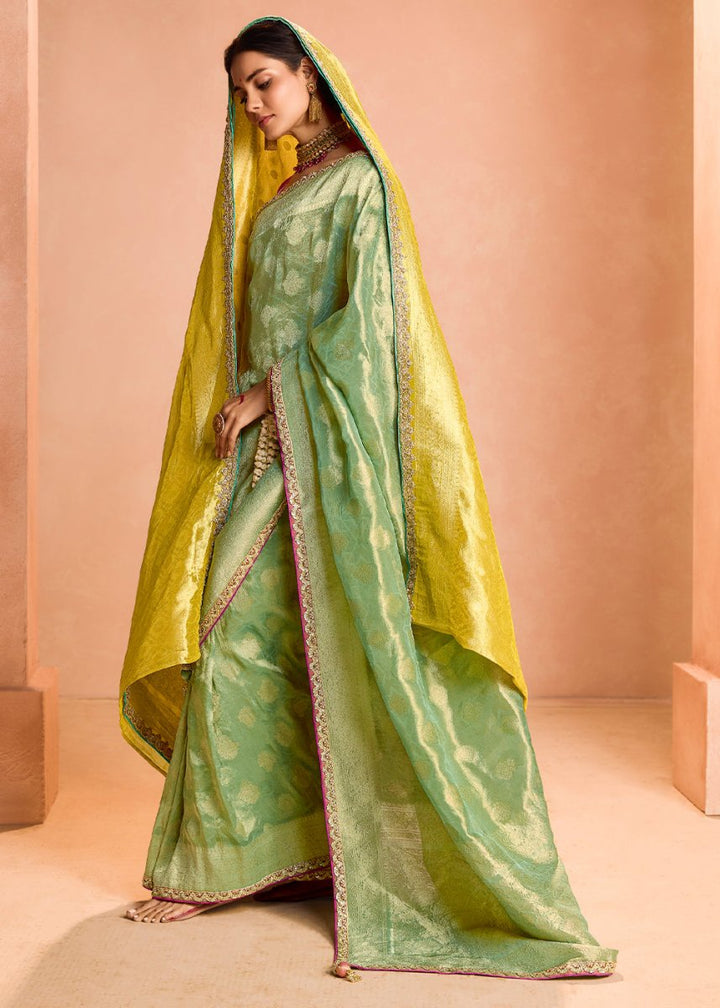 Apple Green Designer Tissue Silk Saree with Zari & Embroidered Blouse - House of Sarvati LLC
