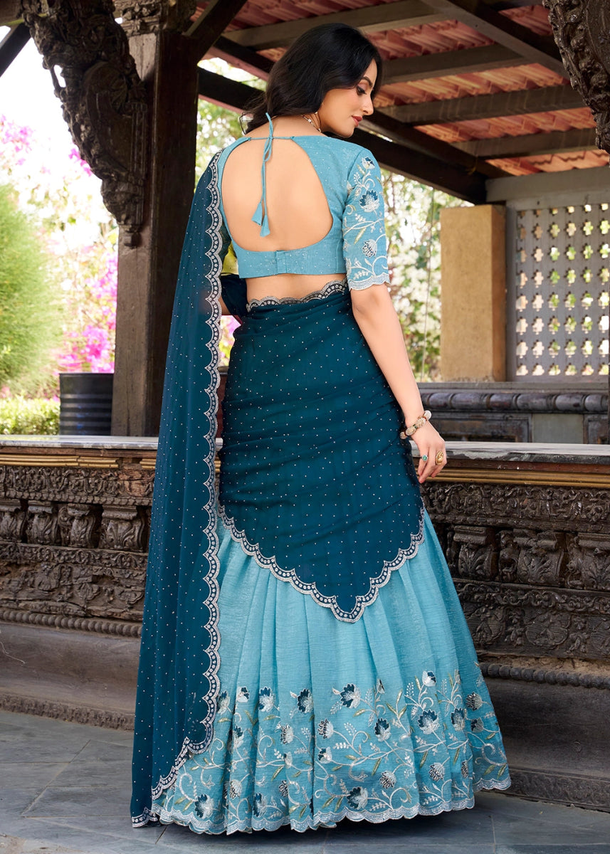 Aqua Blue Lehenga Choli in Organza Silk with Handcrafted Sequins & Thread Detailing - House of Sarvati LLC