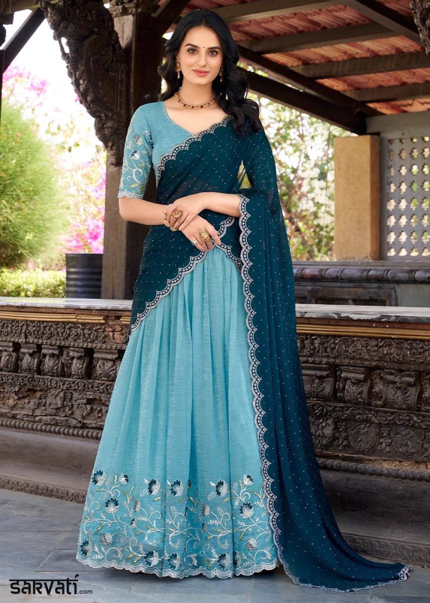 Aqua Blue Lehenga Choli in Organza Silk with Handcrafted Sequins & Thread Detailing - House of Sarvati LLC