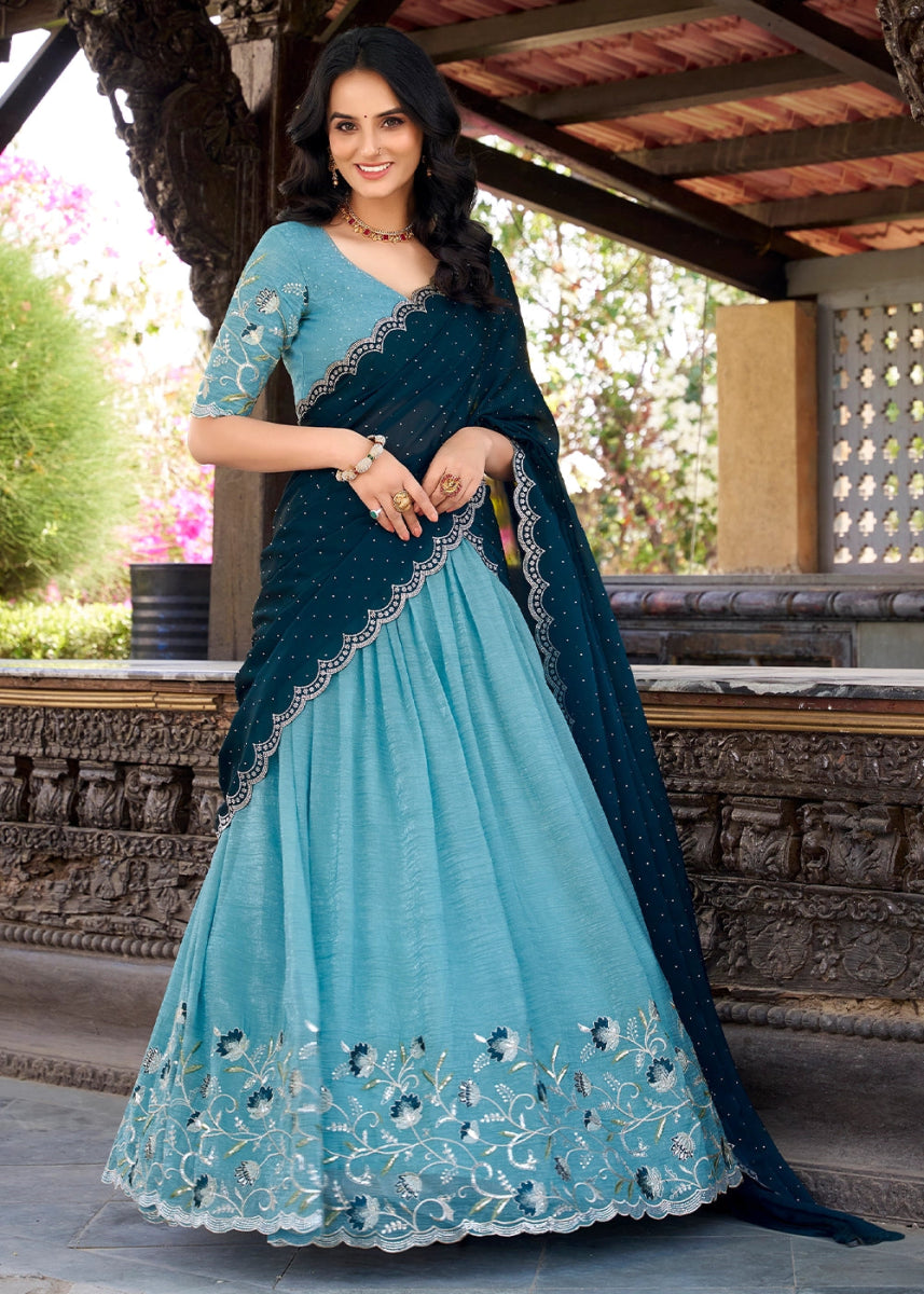 Aqua Blue Lehenga Choli in Organza Silk with Handcrafted Sequins & Thread Detailing - House of Sarvati LLC