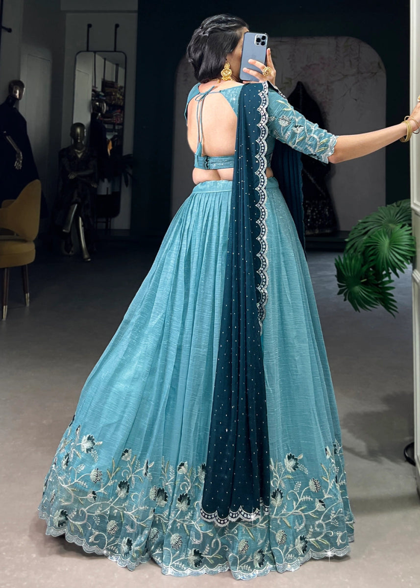 Aqua Blue Lehenga Choli in Organza Silk with Handcrafted Sequins & Thread Detailing - House of Sarvati LLC
