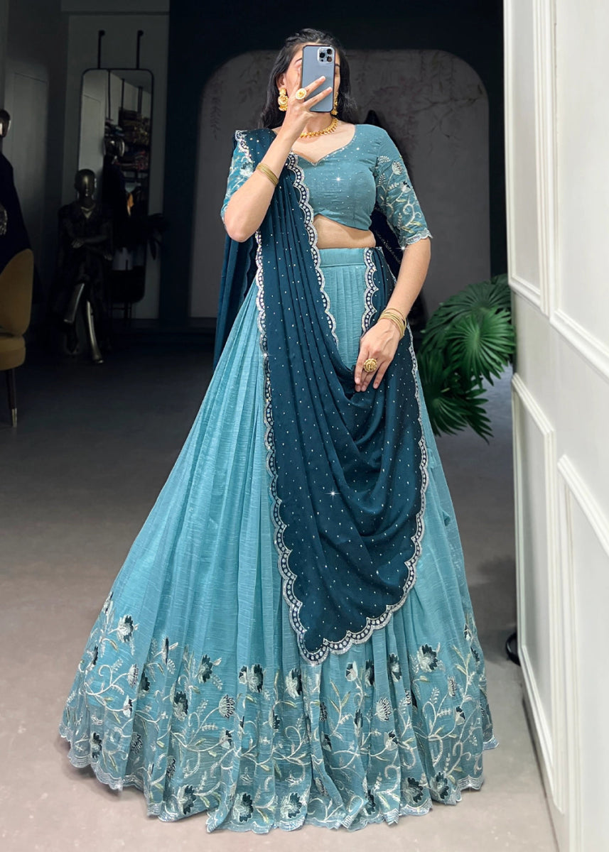 Aqua Blue Lehenga Choli in Organza Silk with Handcrafted Sequins & Thread Detailing - House of Sarvati LLC