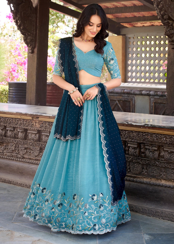 Aqua Blue Lehenga Choli in Organza Silk with Handcrafted Sequins & Thread Detailing - House of Sarvati LLC