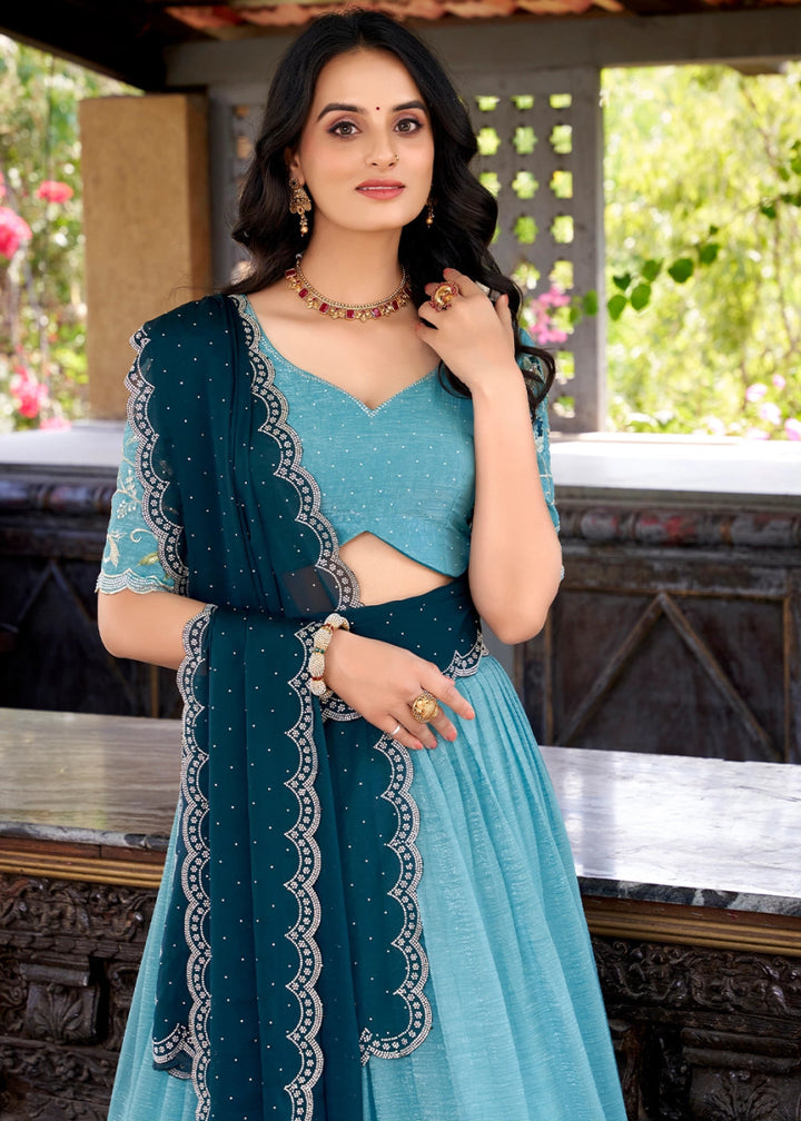 Aqua Blue Lehenga Choli in Organza Silk with Handcrafted Sequins & Thread Detailing - House of Sarvati LLC