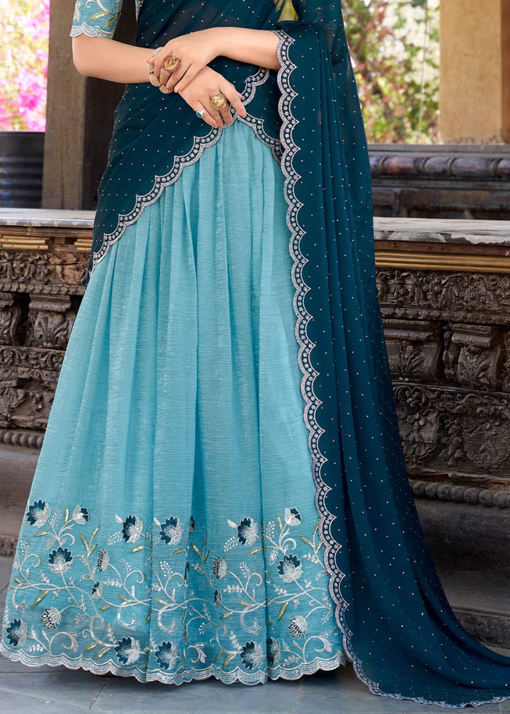 Aqua Blue Lehenga Choli in Organza Silk with Handcrafted Sequins & Thread Detailing - House of Sarvati LLC
