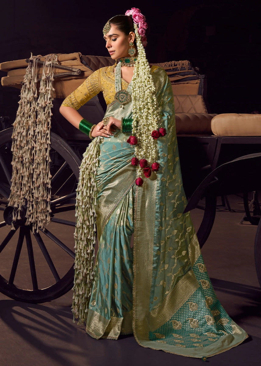 Aquamarine Blue Viscose Tissue Silk Saree with Handcrafted Pallu and Embroidered Blouse - House of Sarvati LLC