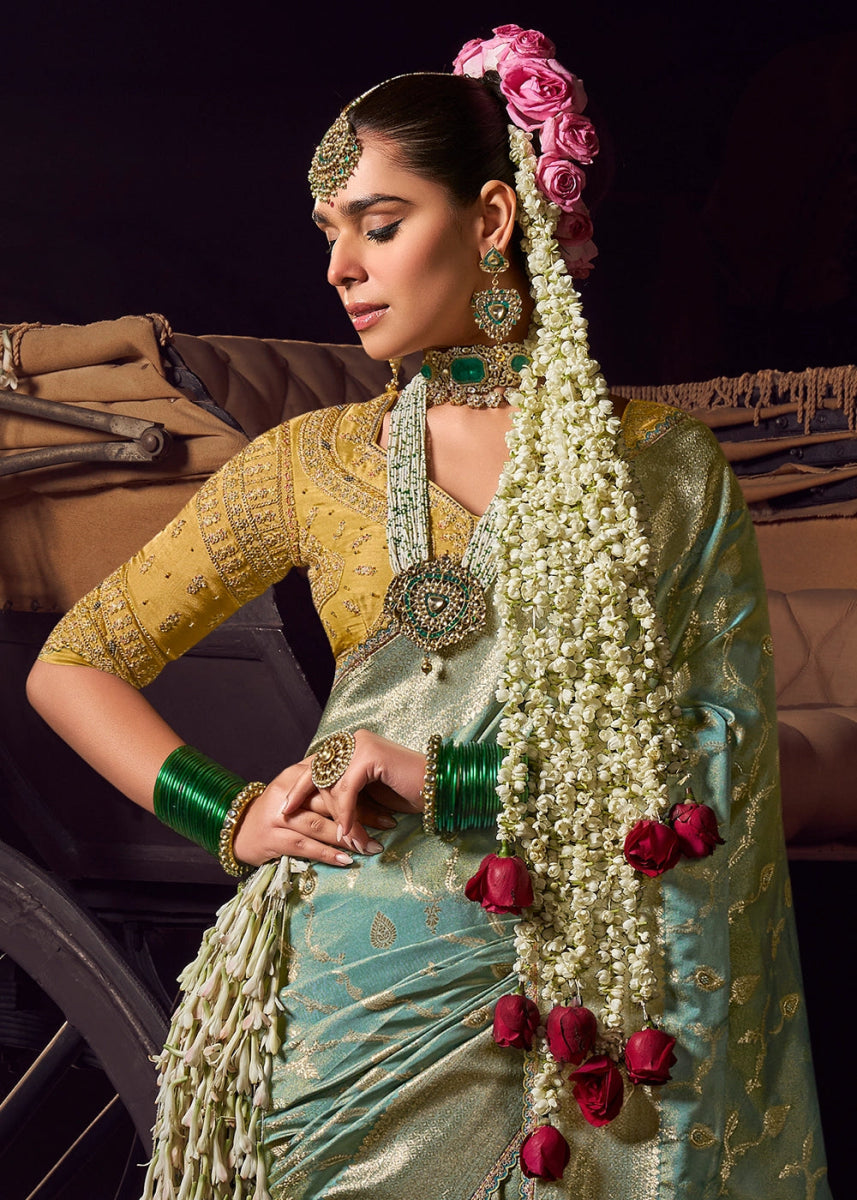 Aquamarine Blue Viscose Tissue Silk Saree with Handcrafted Pallu and Embroidered Blouse - House of Sarvati LLC