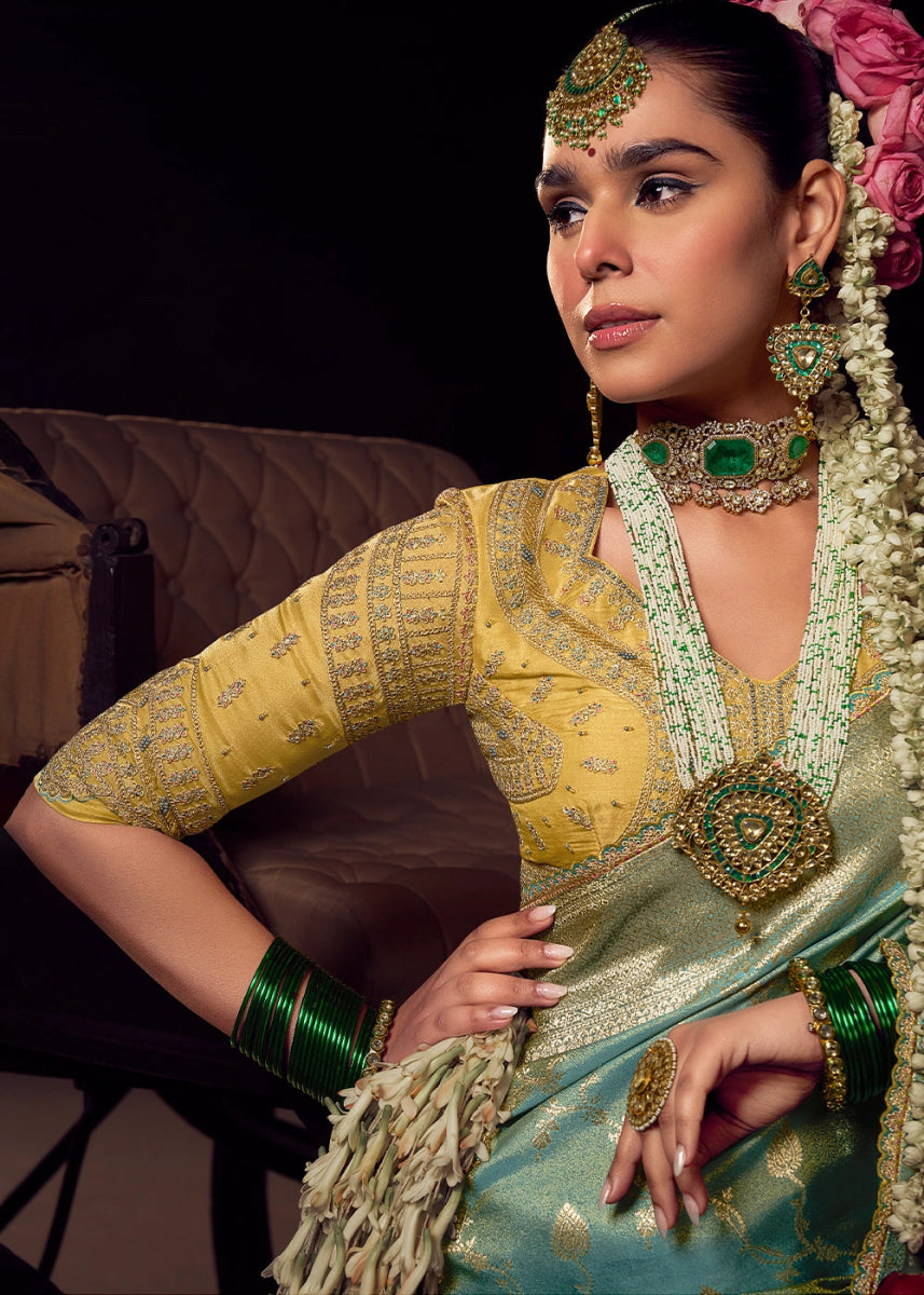 Aquamarine Blue Viscose Tissue Silk Saree with Handcrafted Pallu and Embroidered Blouse - House of Sarvati LLC