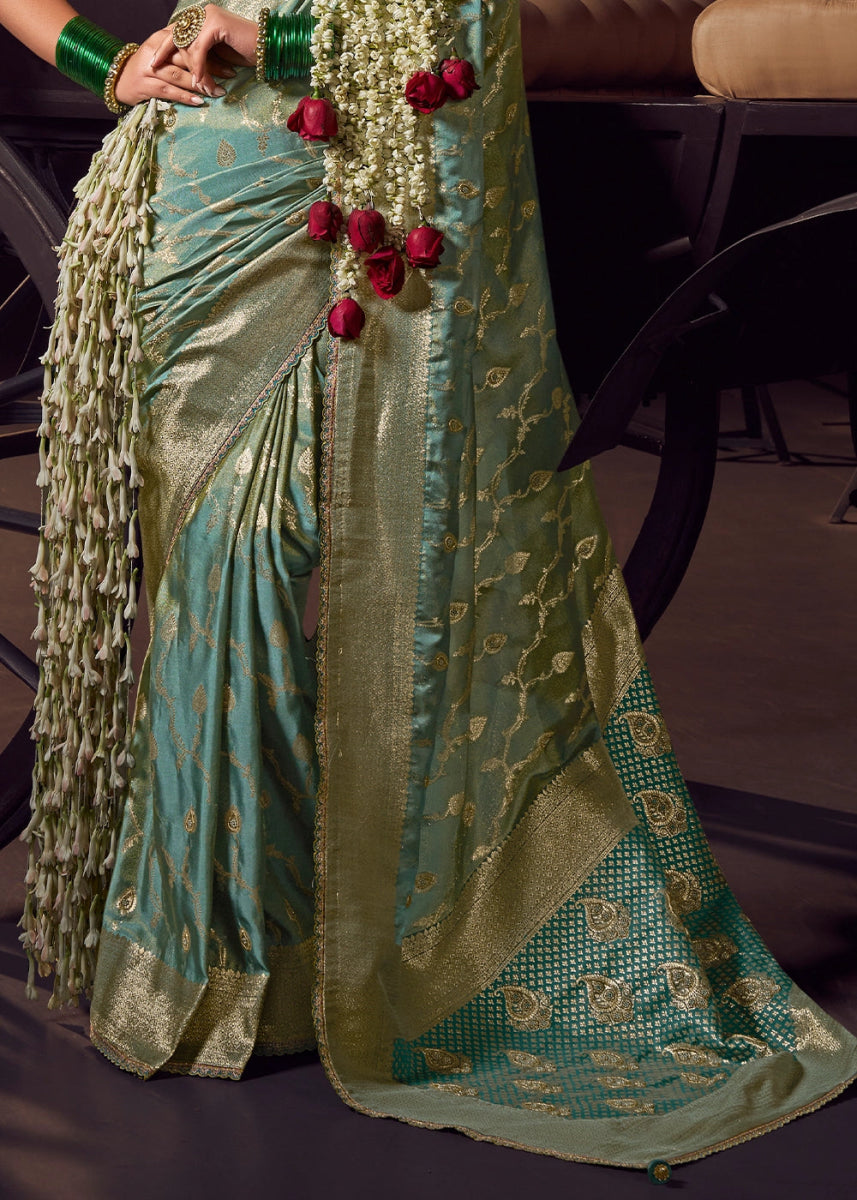 Aquamarine Blue Viscose Tissue Silk Saree with Handcrafted Pallu and Embroidered Blouse - House of Sarvati LLC