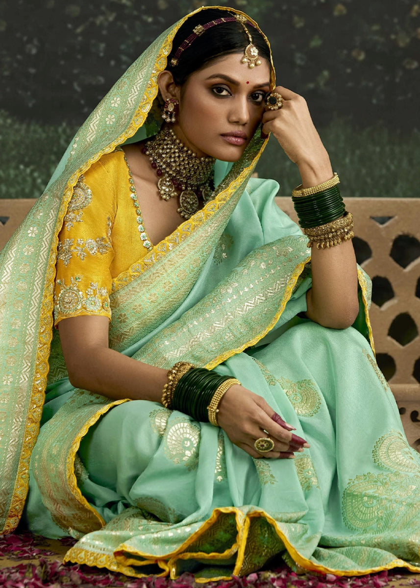 Aquamarine Blue Zari Woven Dola Silk Saree with Embroidery Detailing - House of Sarvati LLC