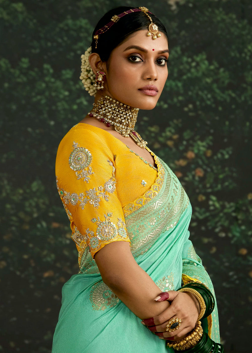 Aquamarine Blue Zari Woven Dola Silk Saree with Embroidery Detailing - House of Sarvati LLC