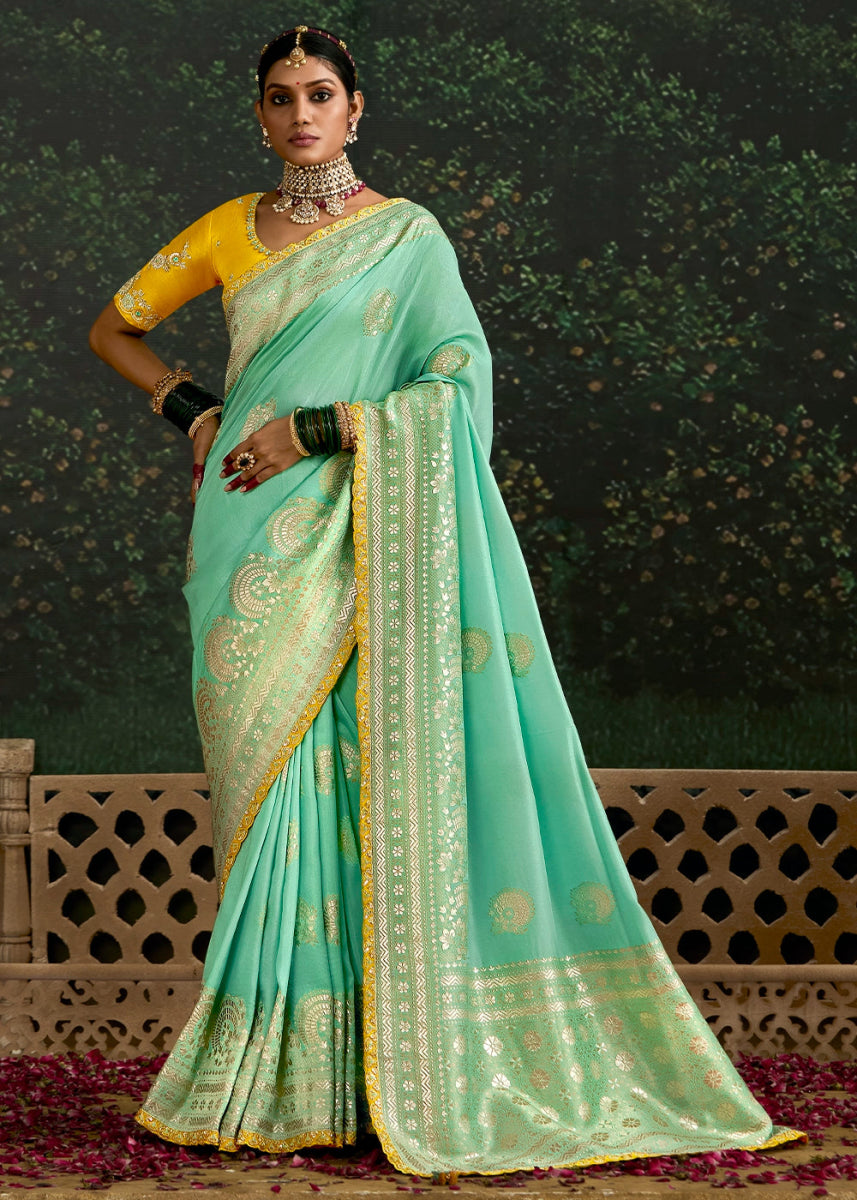 Aquamarine Blue Zari Woven Dola Silk Saree with Embroidery Detailing - House of Sarvati LLC