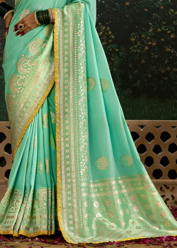 Aquamarine Blue Zari Woven Dola Silk Saree with Embroidery Detailing - House of Sarvati LLC